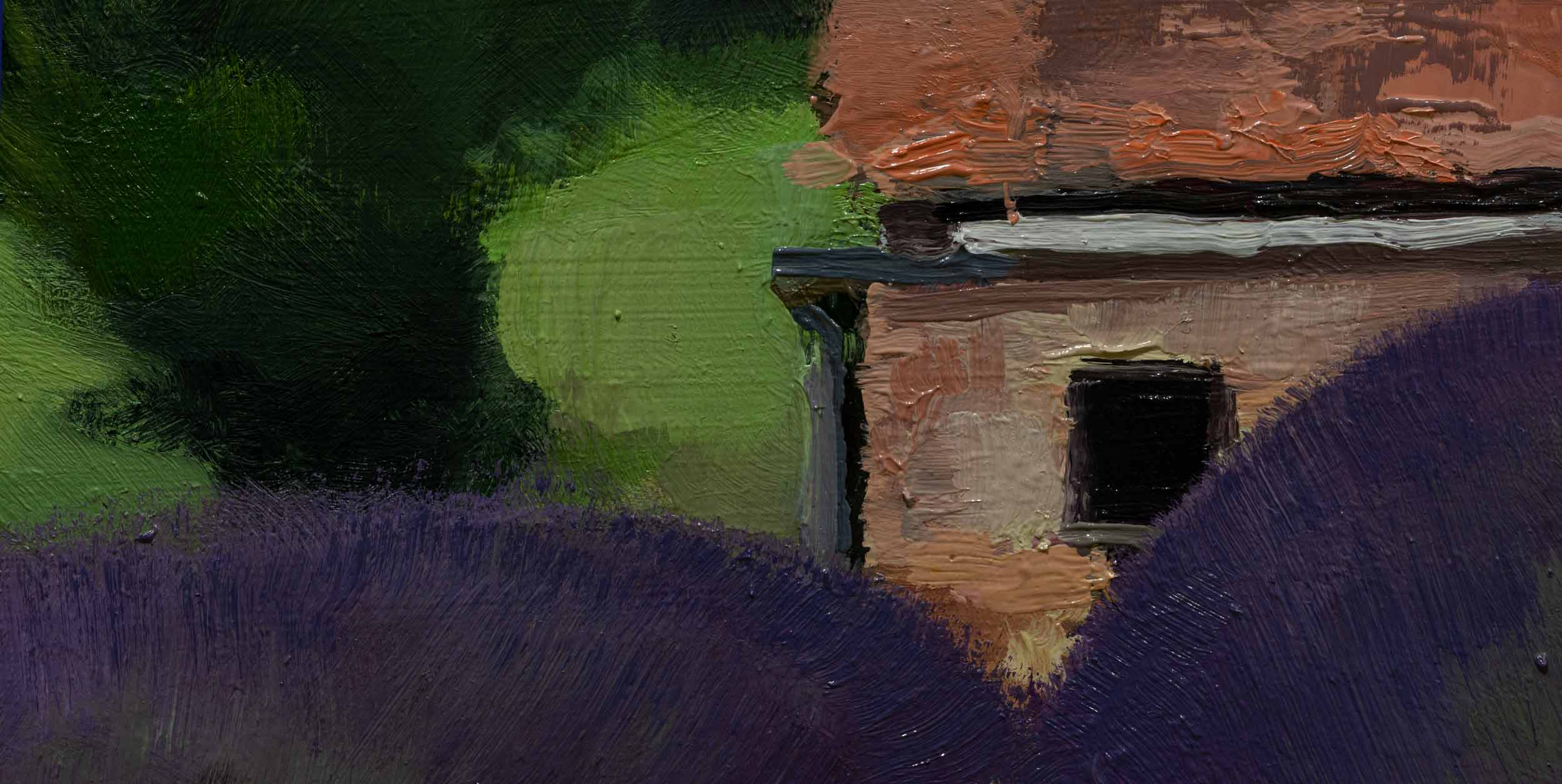 center of interest - dark window at the food of the hill