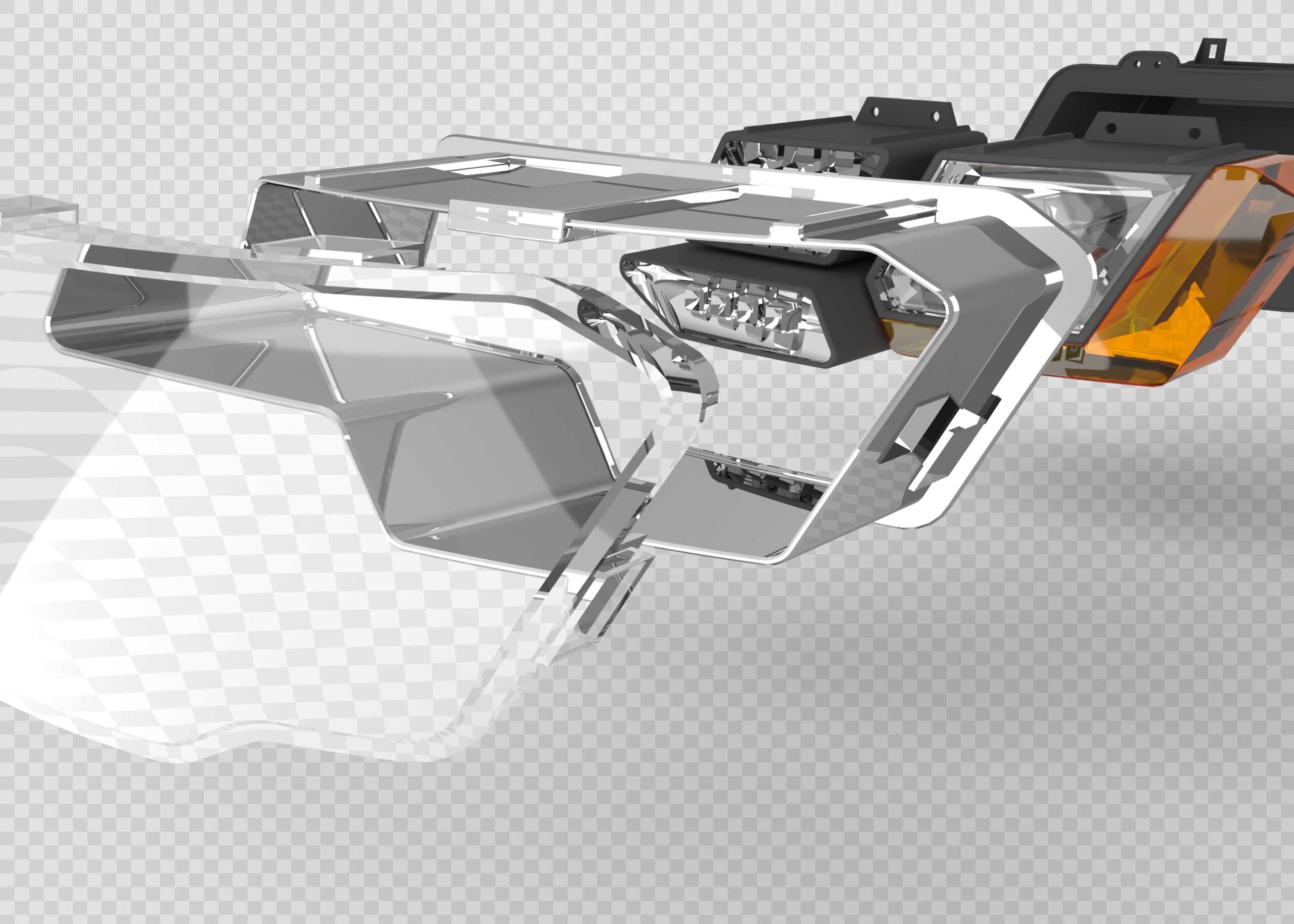 Frontal close-up trough the exploded model with a short focal length